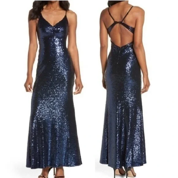 Morgan & Co size 5/6 keyhole back navy sequins dress - Picture 1 of 16